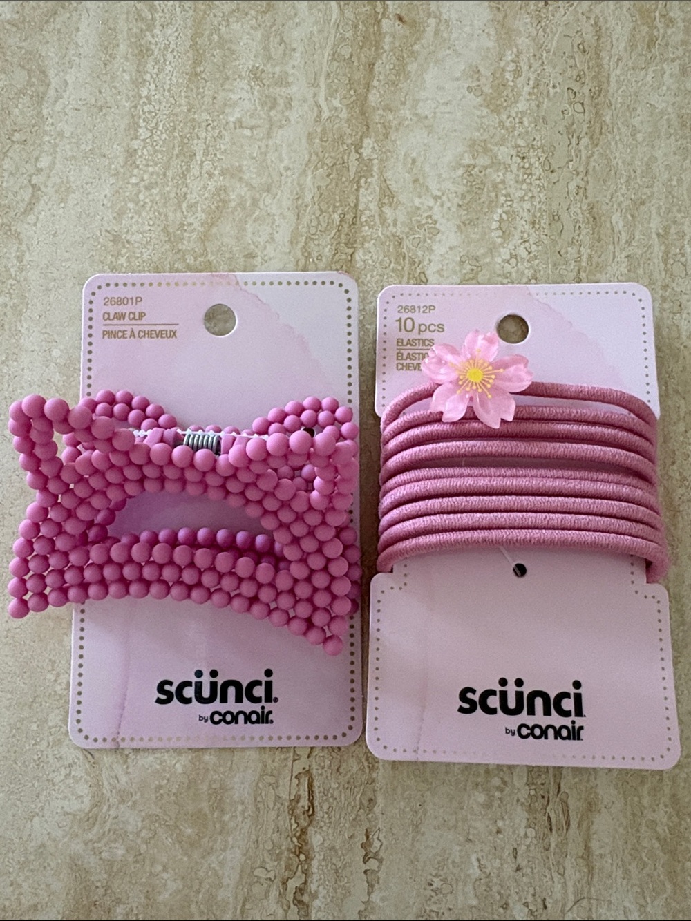 scunci Pink Beaded Bow Claw Clip with 10 Pink Elastic Hair Ties